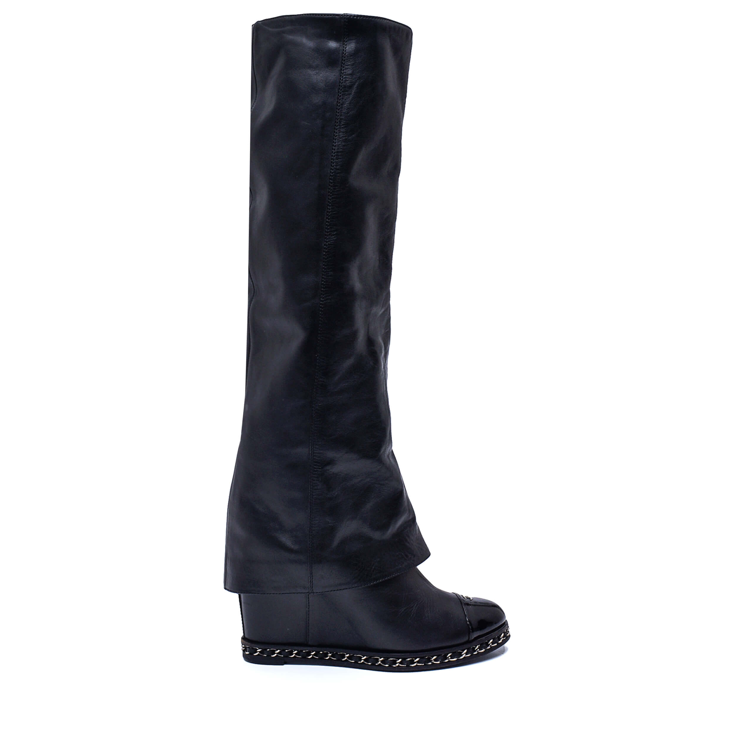 Chanel - Black Leather Chain Wedge Long Boots / 38